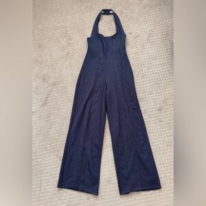Women’s ZARA Navy Halter Wide Leg Open Back Tailored Fit Jumpsuit Size Small
